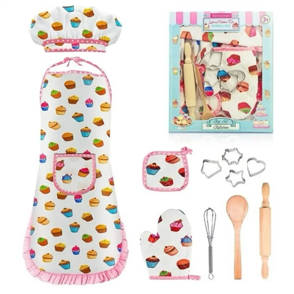 Kid Chef Cooking Set Cupcake Print Apron Hat‎ Mitt Utensil Pretend Play Kitchen